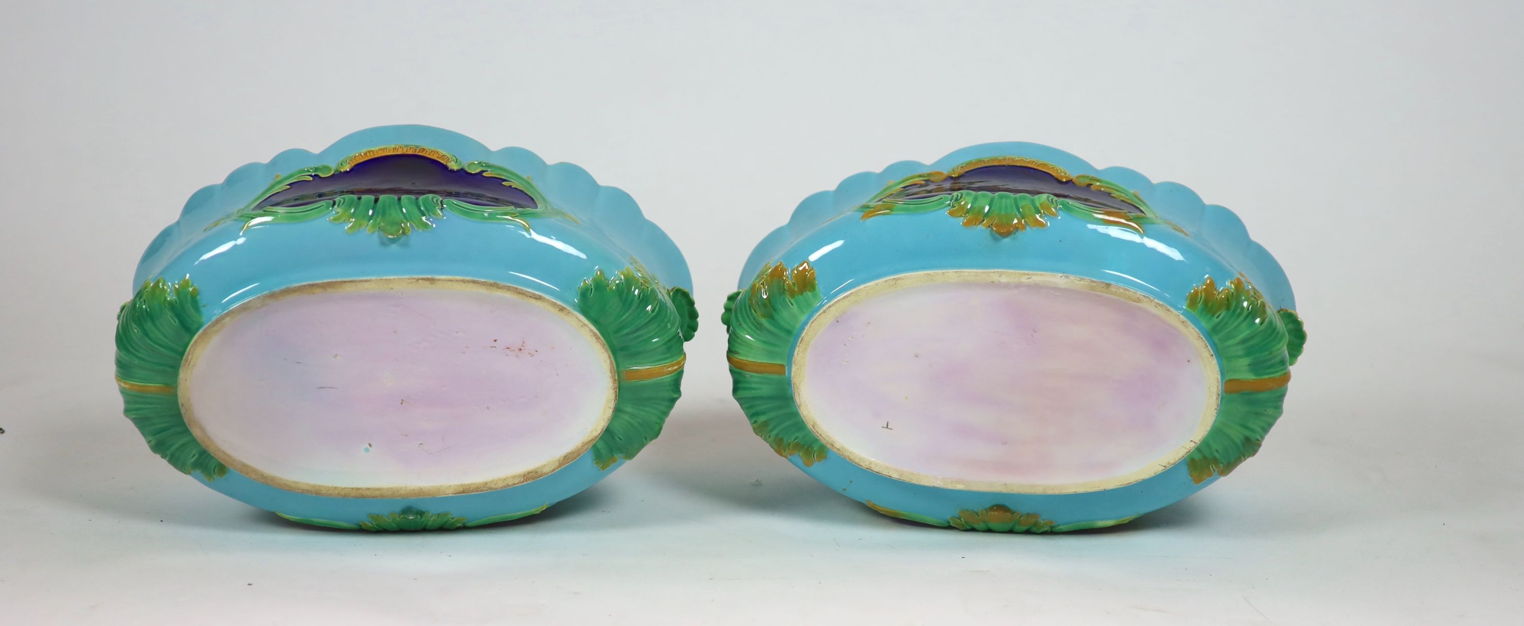 A pair of Victorian majolica elliptical jardinieres, probably Minton, 46 cm wide